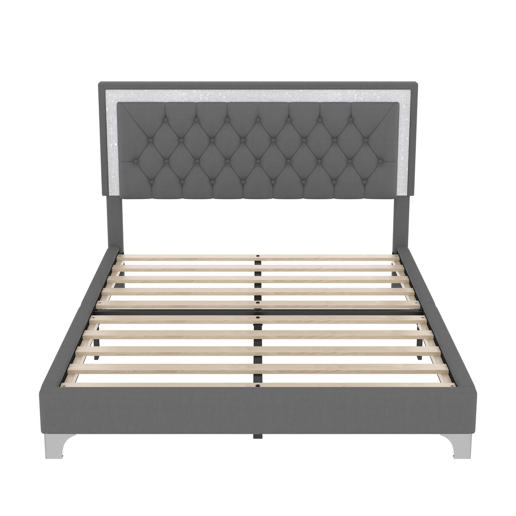 3-Pieces Bedroom Set - Queen Size Upholstered Platform Bed with LED Lights