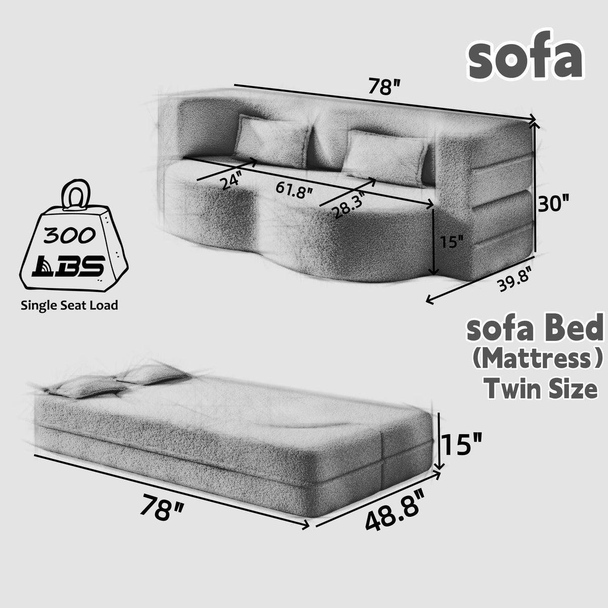 Modern Floor Sofa With 2 Pillows, Convertible Twin Size Folding Mattress For Living Room