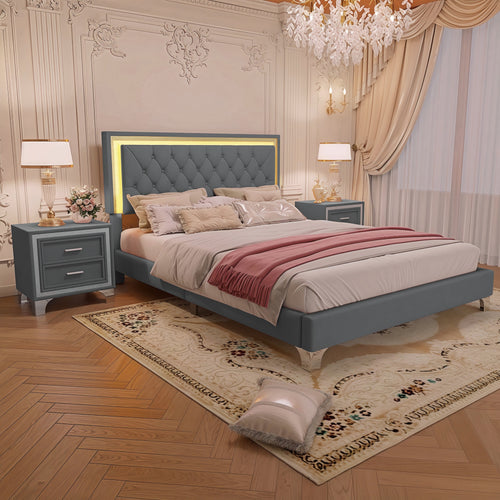 3-Pieces Bedroom Set - Queen Size Upholstered Platform Bed with LED Lights