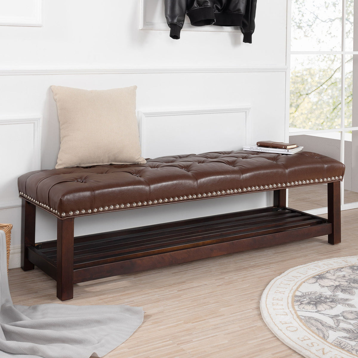 Bedroom End Of Bed Bench Tufted Upholstered End Of Bed Bench End Of Bed Entrance Shoe Bench With Nailhead Trim And Shelf Bedroom Upholstered Bench Living Room Shoe Rack Footstool