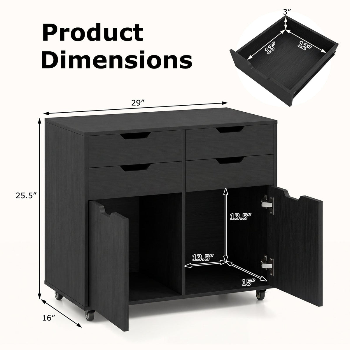 4 Drawer File Cabinet with Wheels for Home Office Organization