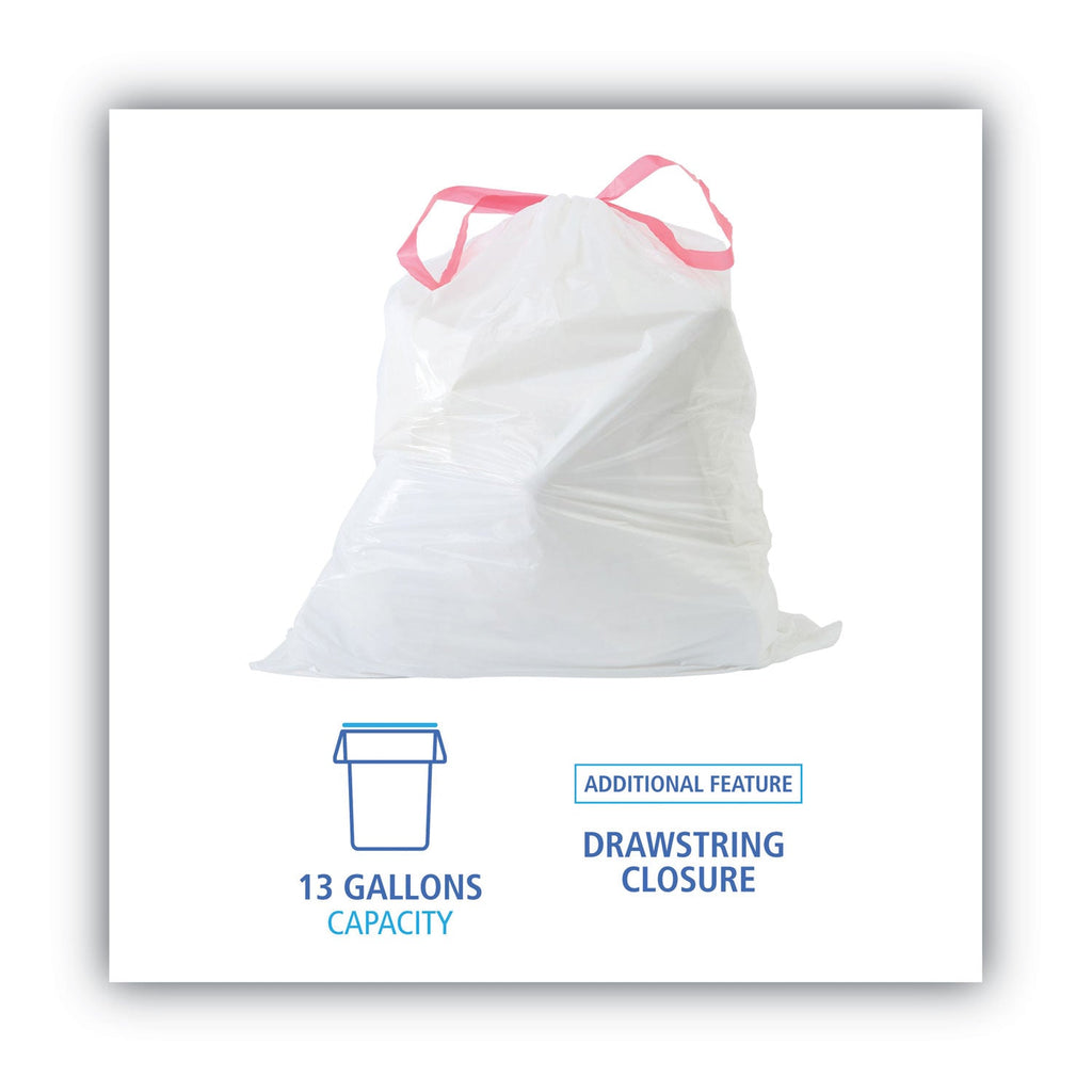 Boardwalk Drawstring Kitchen Bags, 13 gal, 0.8 mil, White, 50 Bags/Roll, 2 Rolls/Carton