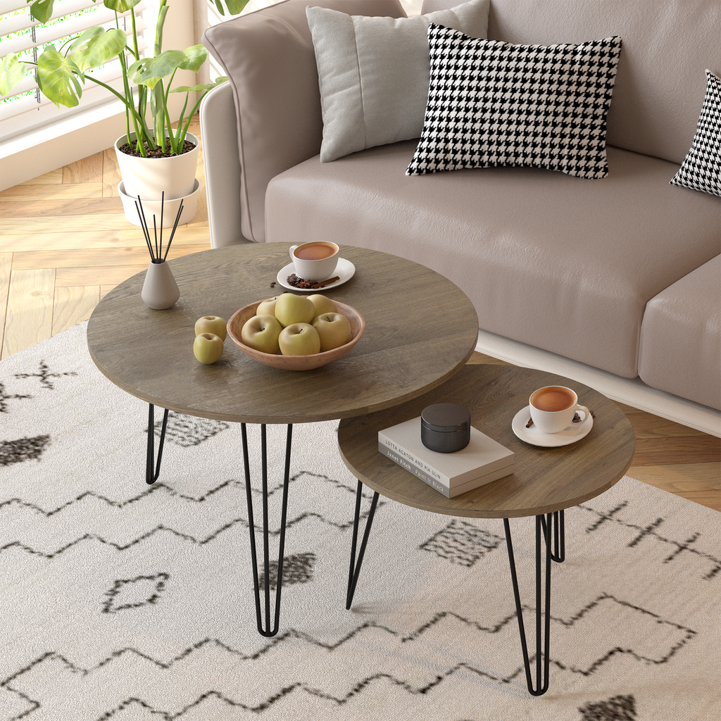 27.56'' Round Nesting Coffee Table Set of 2, Circular Nesting End Table Set  Sturdy Metal Base for Living Room, bedroom, Brown
