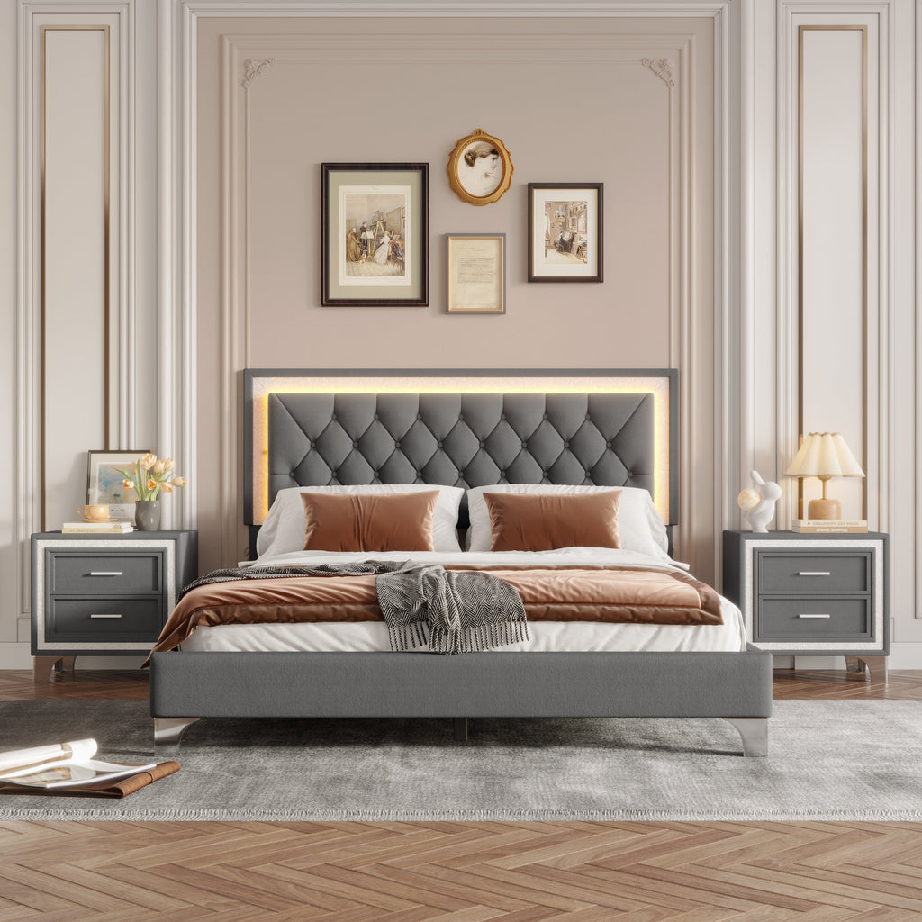 3-Pieces Bedroom Set - Queen Size Upholstered Platform Bed with LED Lights