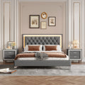 3-Pieces Bedroom Set - Queen Size Upholstered Platform Bed with LED Lights