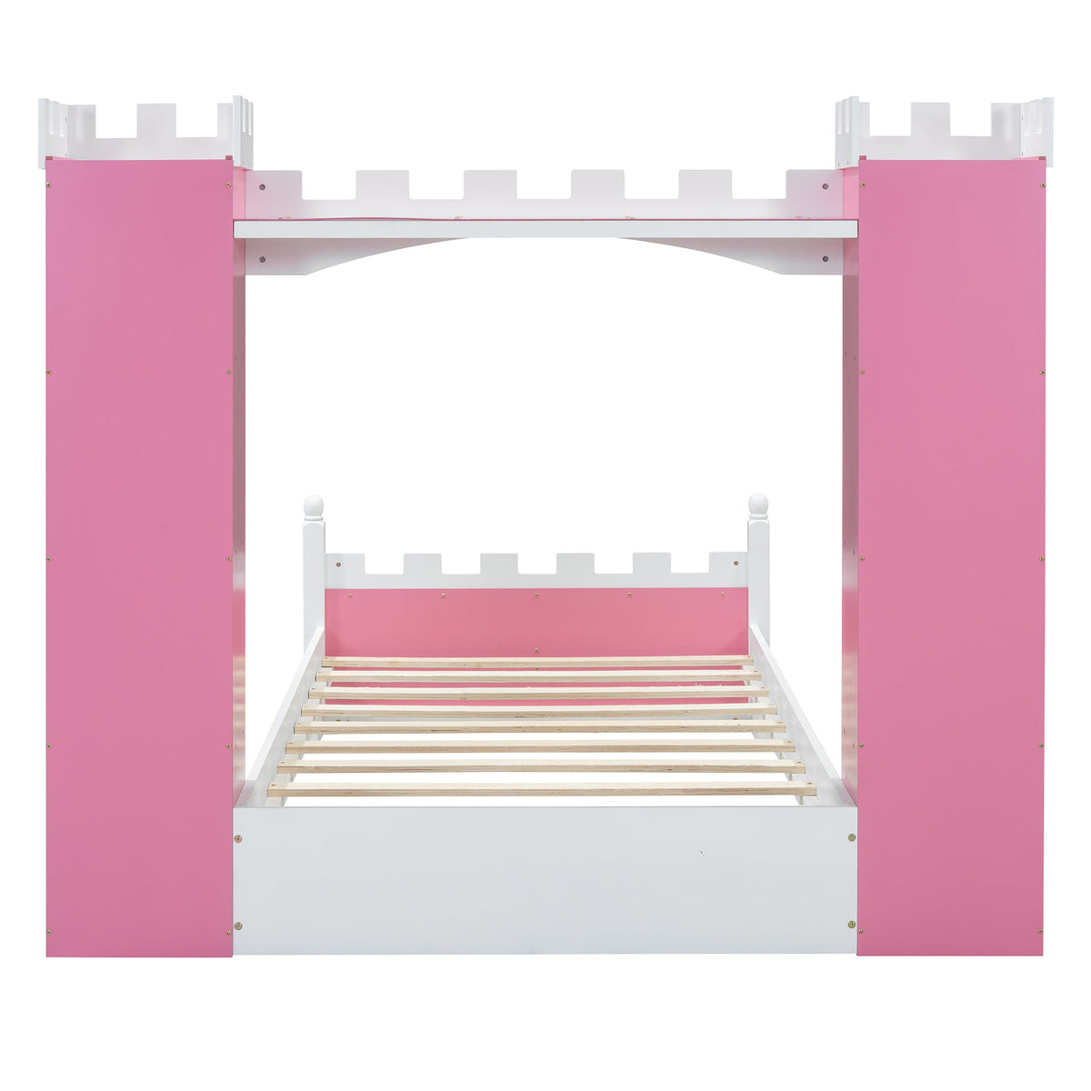 Castle-Shaped Wooden Bed with Storage Shelf, Dreamy Twin Size Platform Bed for Kids Bedroom, Pink+ White