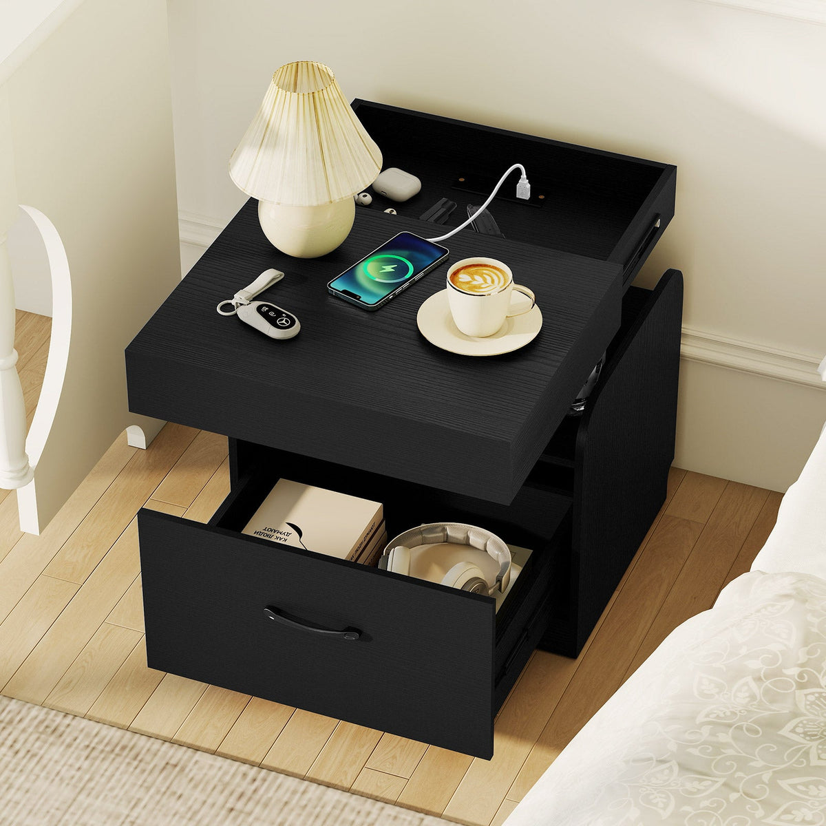 Nightstand with Charging Station Modern Bedside Table for Living Room Bedroom Office