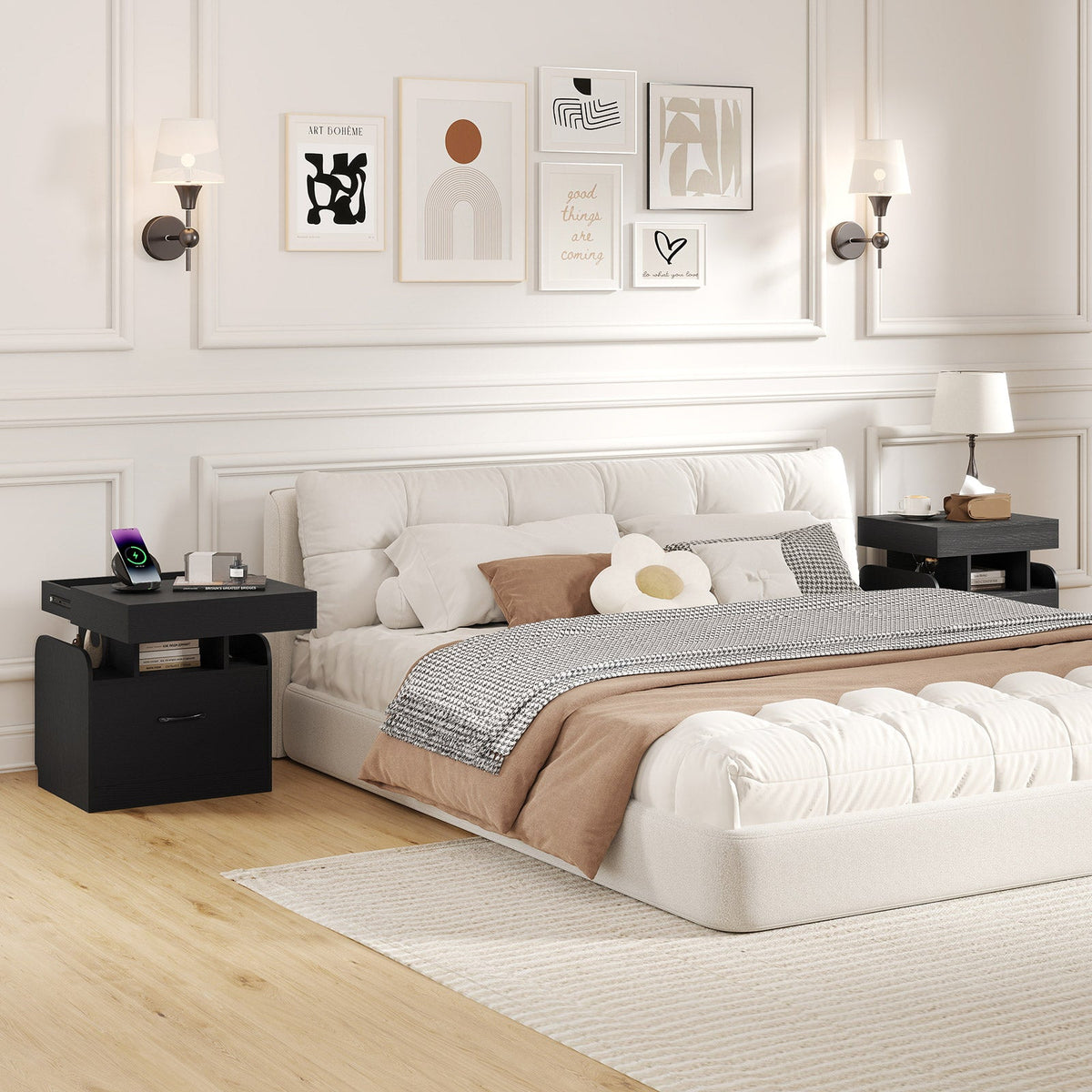 Nightstand with Charging Station Modern Bedside Table for Living Room Bedroom Office