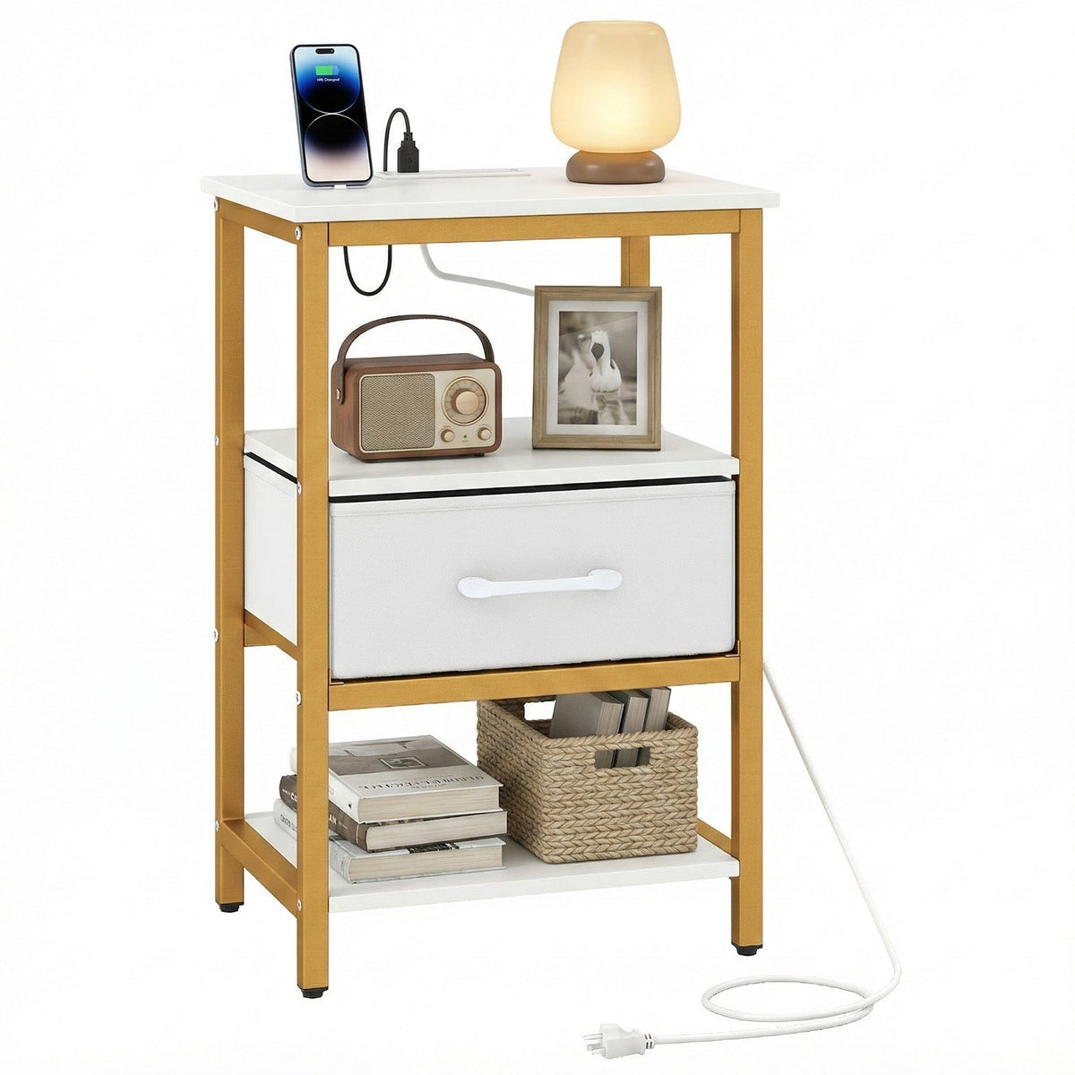 Nightstand with charging station and adjustable fabric drawer for bedroom & Living Room