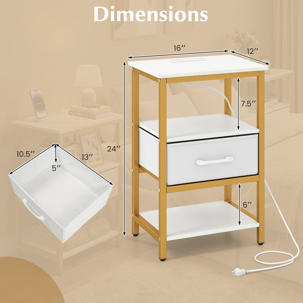 Nightstand with charging station and adjustable fabric drawer for bedroom & Living Room