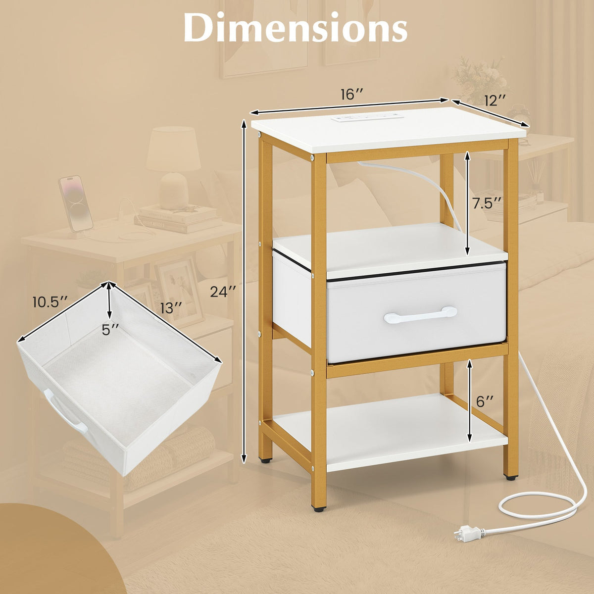 Nightstand with charging station and adjustable fabric drawer for bedroom & Living Room