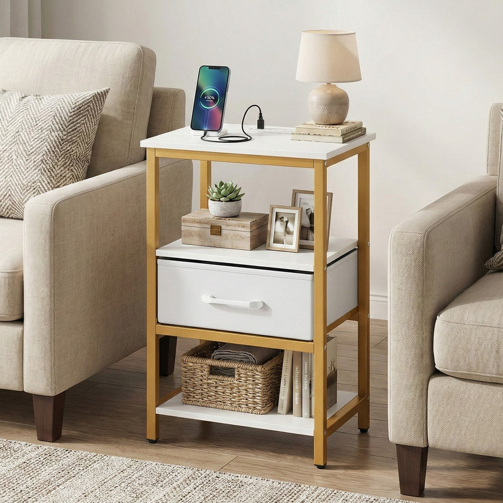 Nightstand with charging station and adjustable fabric drawer for bedroom & Living Room