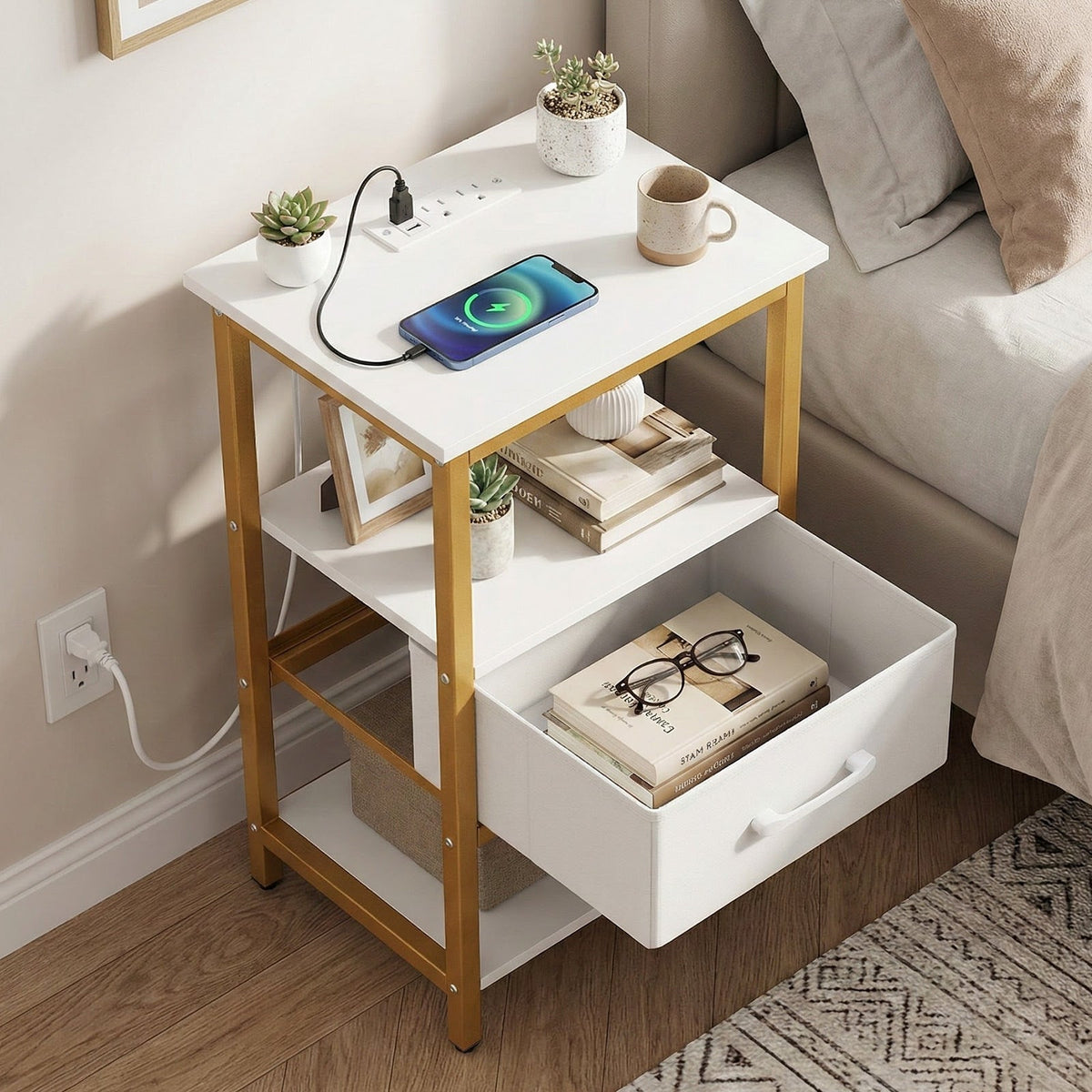 Nightstand with charging station and adjustable fabric drawer for bedroom & Living Room