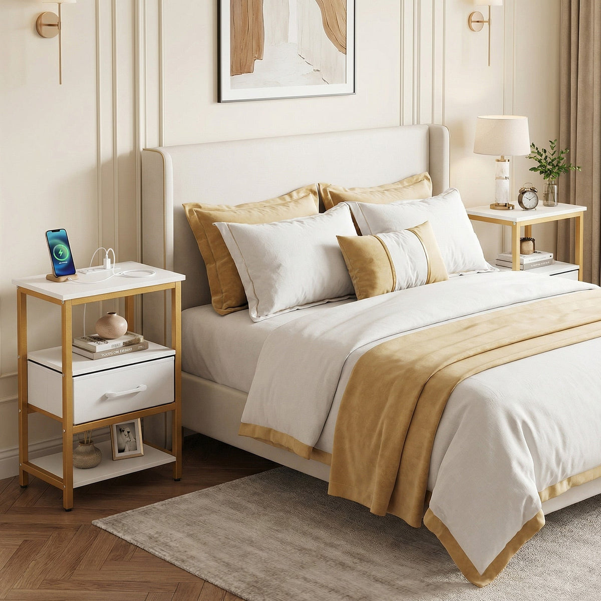 Nightstand with charging station and adjustable fabric drawer for bedroom & Living Room