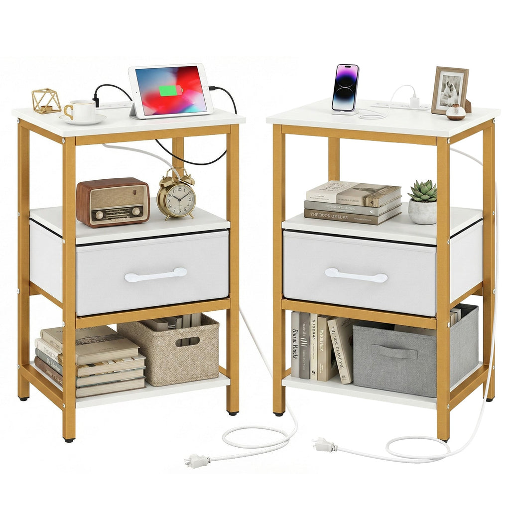 Nightstand with charging station and adjustable fabric drawer for bedroom & Living Room