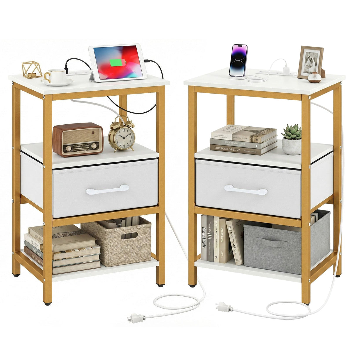 Nightstand with charging station and adjustable fabric drawer for bedroom & Living Room