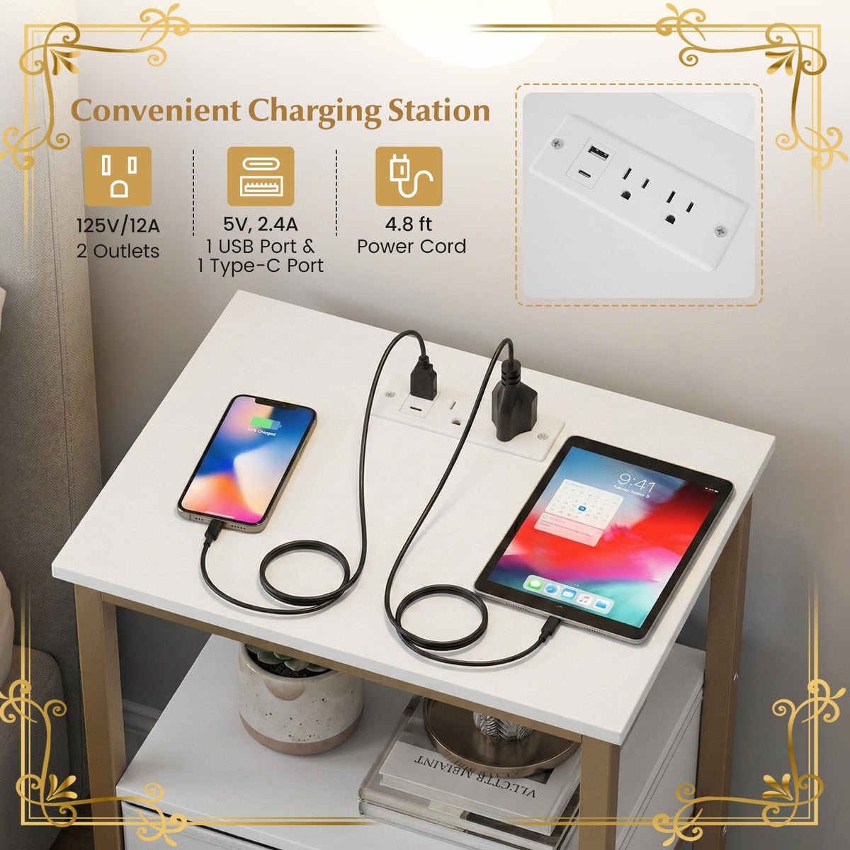 Nightstand with charging station and adjustable fabric drawer for bedroom & Living Room