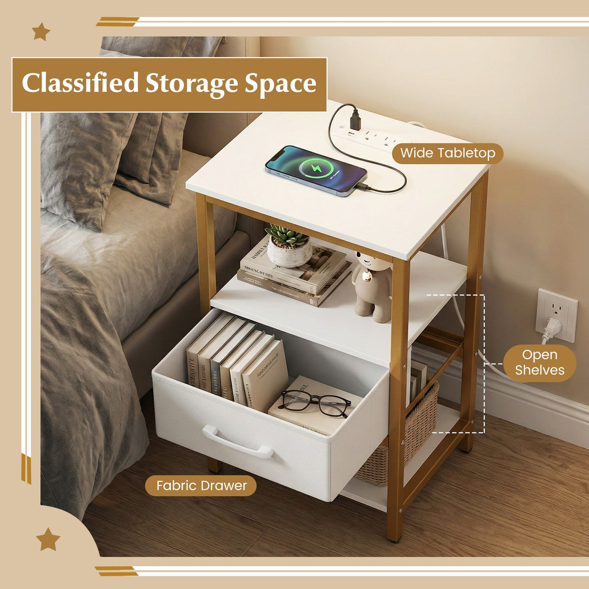 Nightstand with charging station and adjustable fabric drawer for bedroom & Living Room