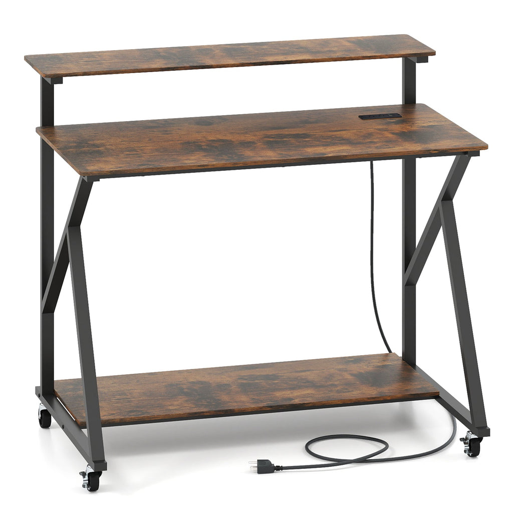 Rolling Computer Desk with Charging Station and Monitor Shelf Storage for Home Office