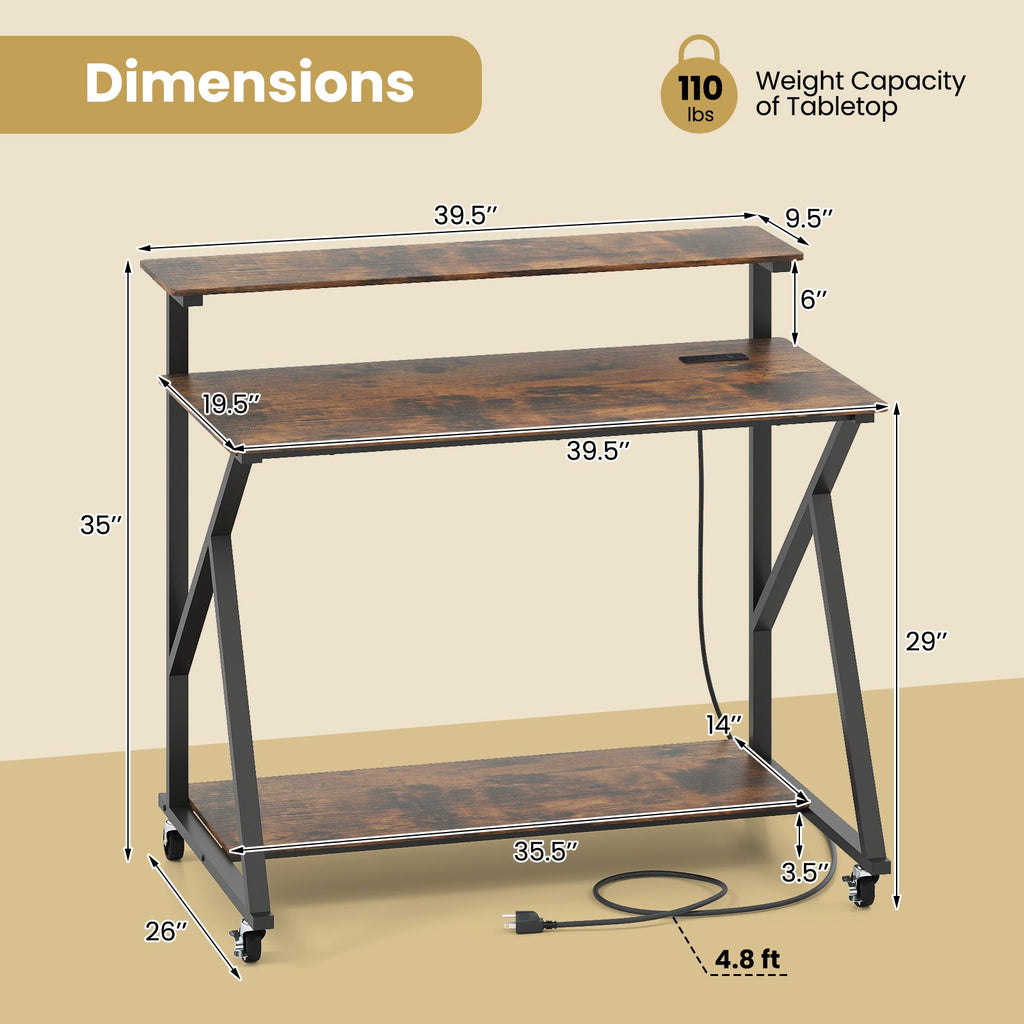 Rolling Computer Desk with Charging Station and Monitor Shelf Storage for Home Office