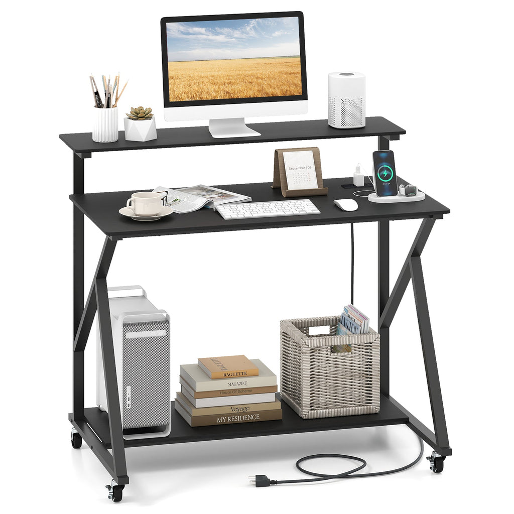 Rolling Computer Desk with Charging Station and Monitor Shelf Storage for Home Office