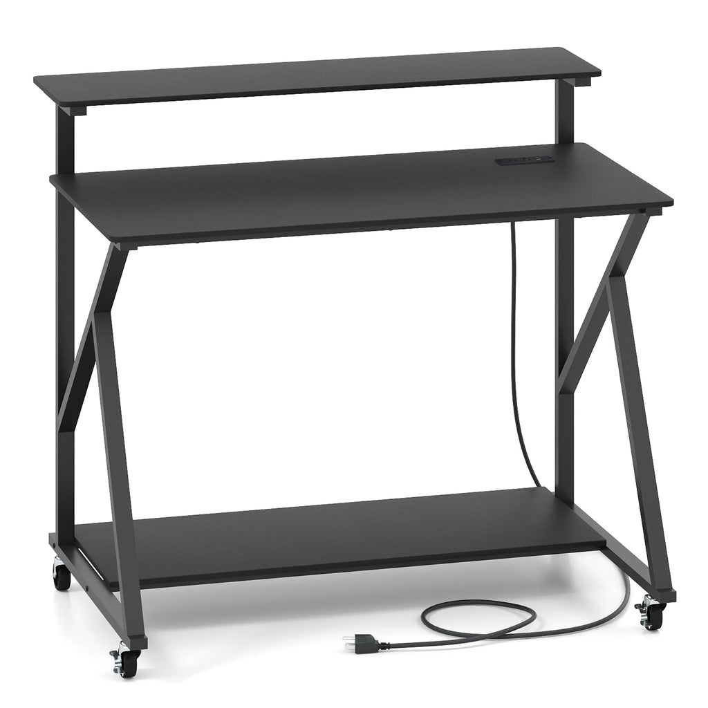 Rolling Computer Desk with Charging Station and Monitor Shelf Storage for Home Office