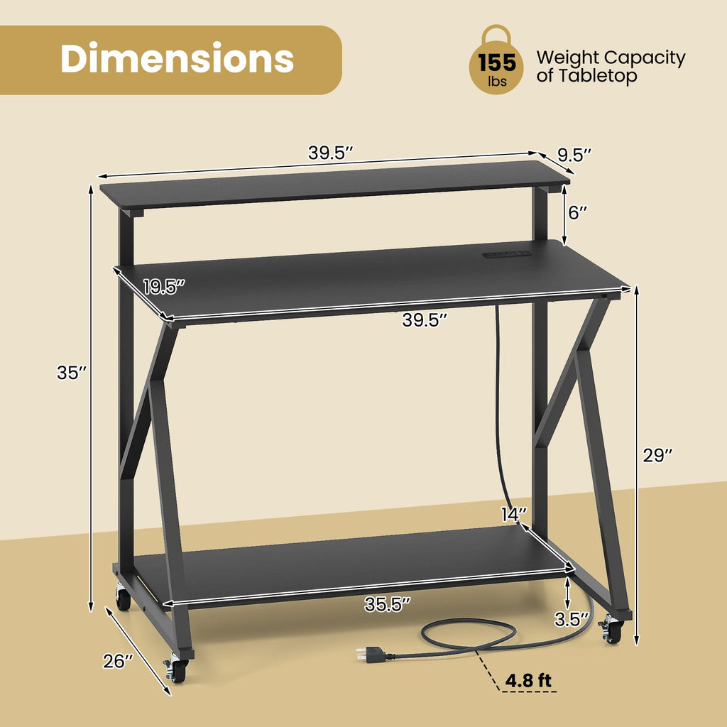 Rolling Computer Desk with Charging Station and Monitor Shelf Storage for Home Office