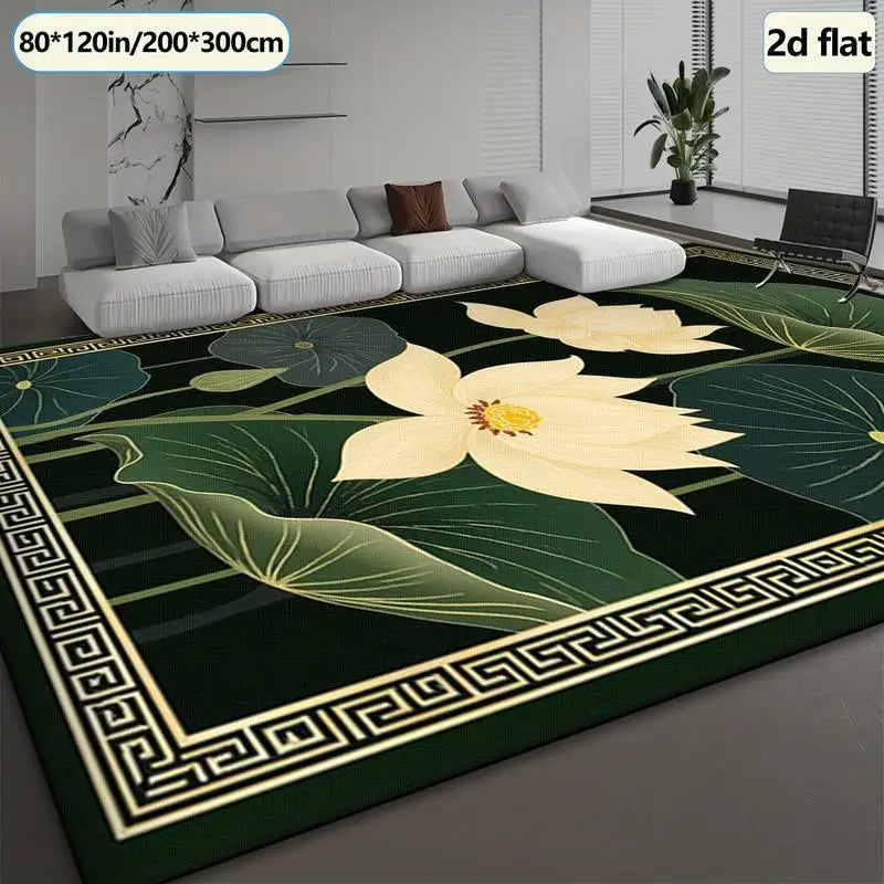 1 Piece Golden Lotus and Green Leaf Pattern Carpet, Soft and