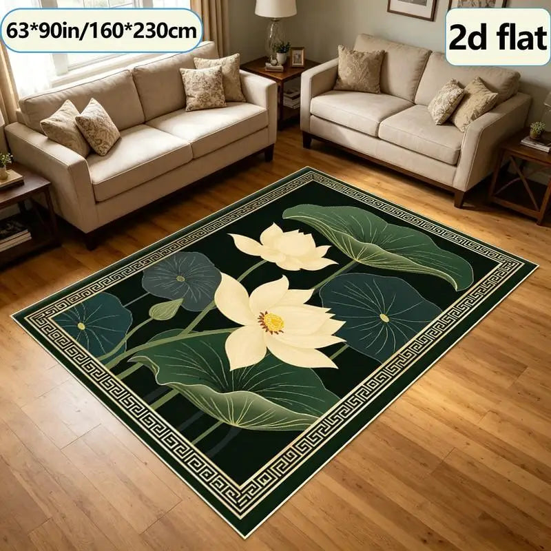 1 Piece Golden Lotus and Green Leaf Pattern Carpet, Soft and