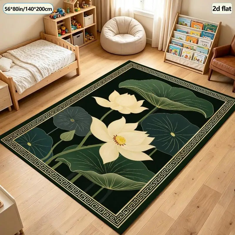1 Piece Golden Lotus and Green Leaf Pattern Carpet, Soft and