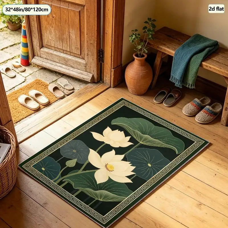 1 Piece Golden Lotus and Green Leaf Pattern Carpet, Soft and