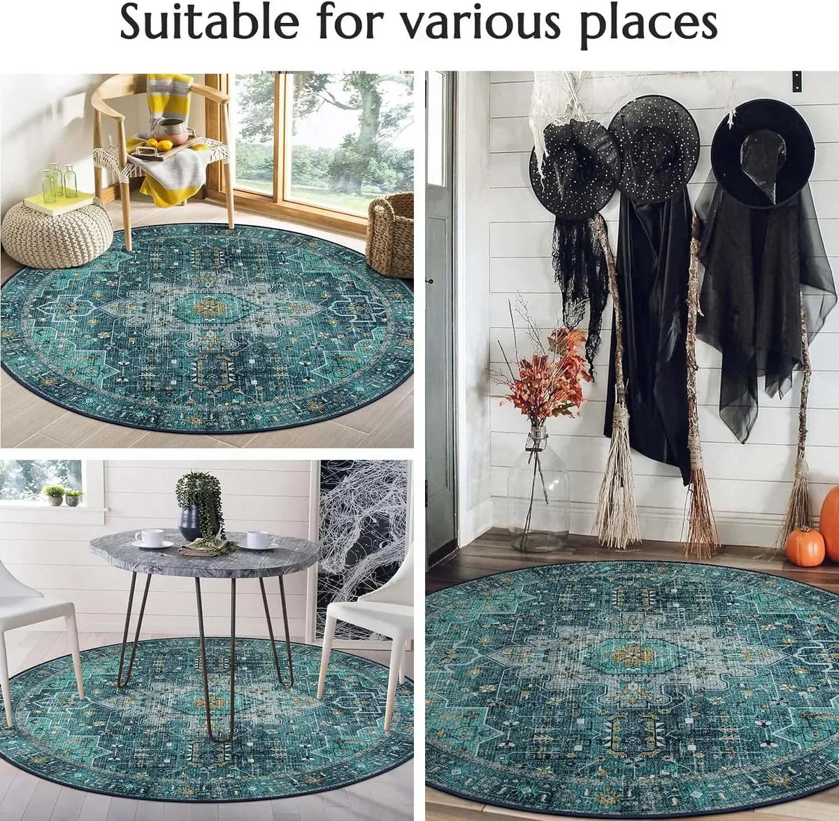 Vintage-Style Round Rug with Traditional Floral Carpet Non-Slip Machine Washable.