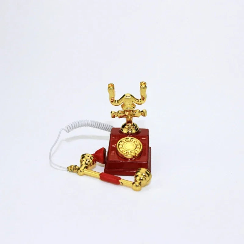1:12 Home Decor Figurines Alloy Vintage Rotary Telephone Mini Retro Phone Model Miniature Phone Dollhouse Baby House Accessories