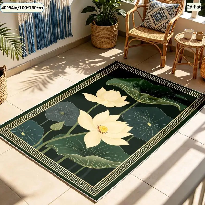 1 Piece Golden Lotus and Green Leaf Pattern Carpet, Soft and