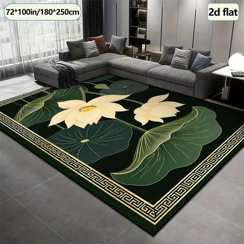 1 Piece Golden Lotus and Green Leaf Pattern Carpet, Soft and